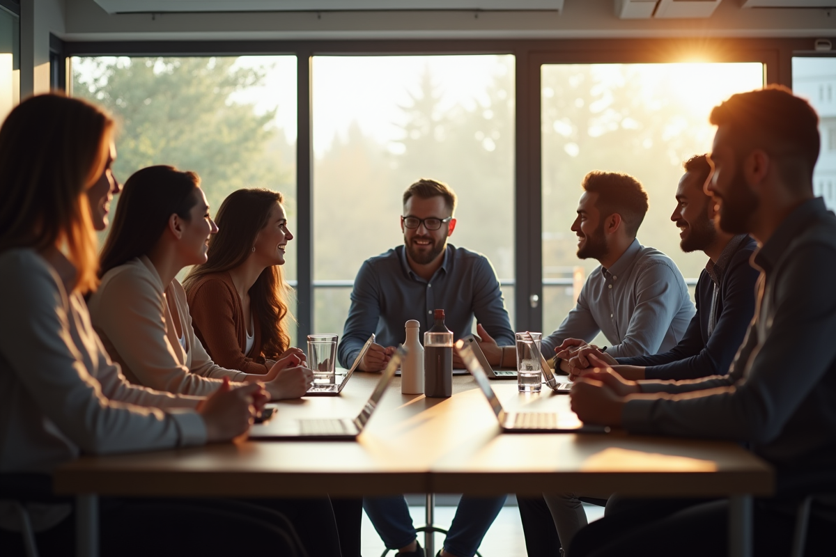 Équipe diversifiée en réunion de bureau lumineux