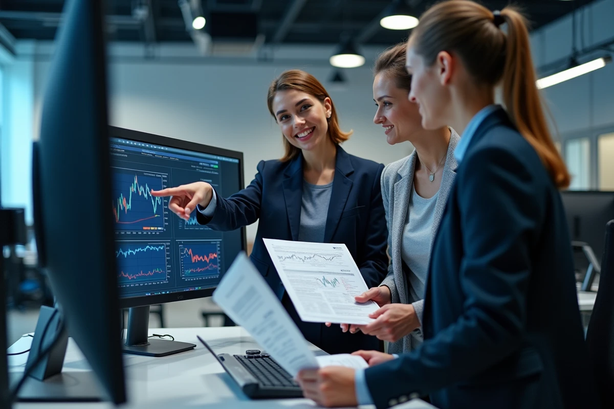 Équipe de jeunes professionnels de la finance quantitative collaborant sur des modèles de risque dans un open space