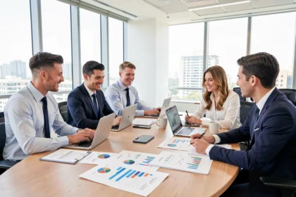 Équipe financière analysant des rapports autour d'une table de bureau