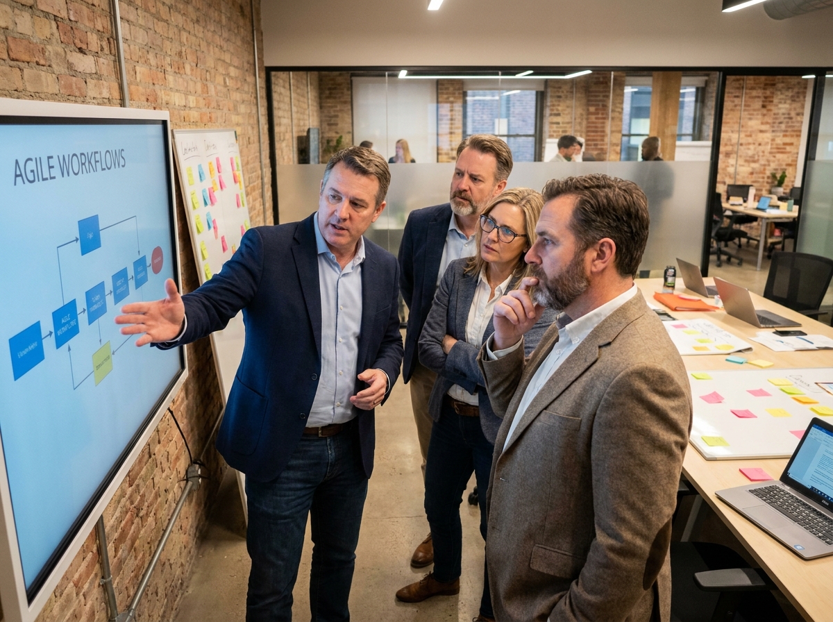 Groupe de managers en coworking discutant en équipe