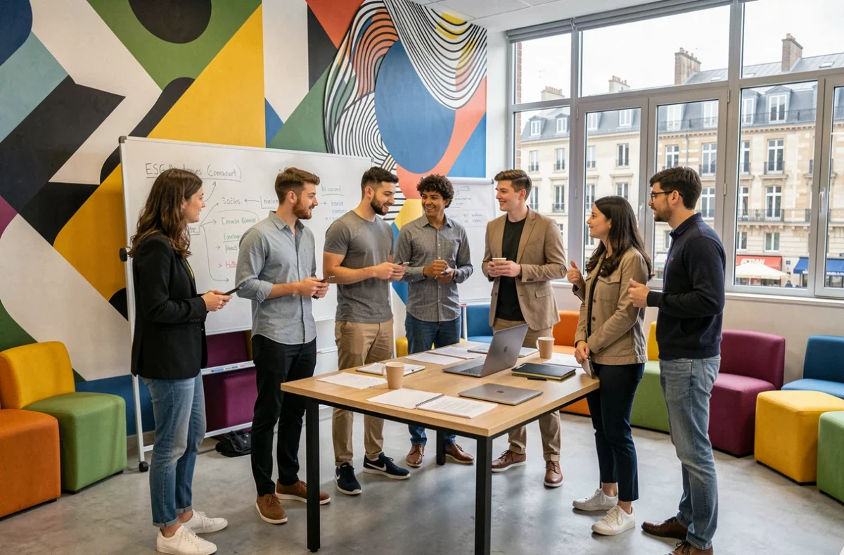 Groupe d'étudiants lors d'un atelier collaboratif à l'ESG Bordeaux