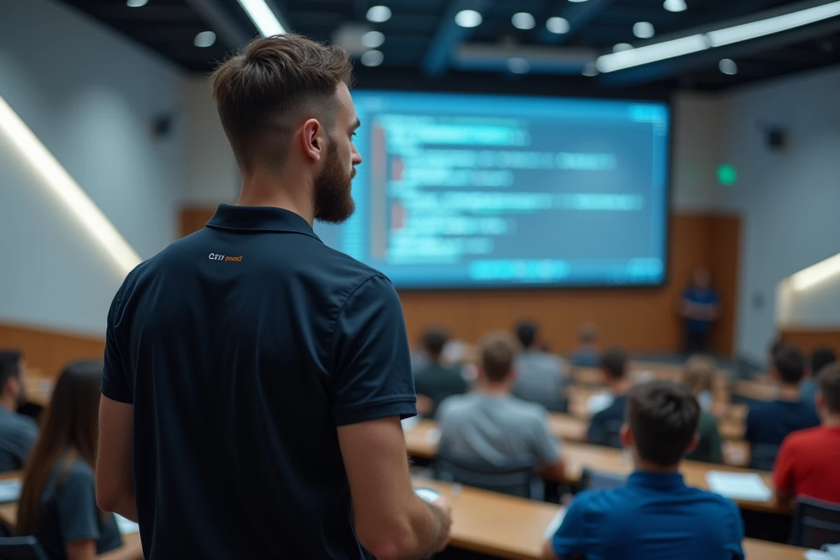 Étudiant de l'ESIEA présentant un projet de développement logiciel dans un amphithéâtre d'école d'ingénieurs moderne