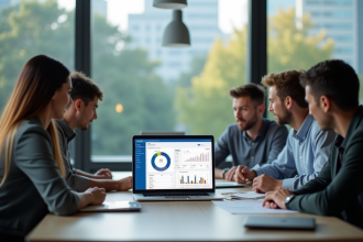 Groupe d'adultes en formation dans un bureau moderne