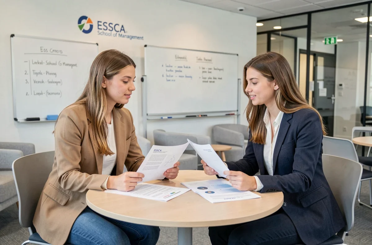 Deux étudiantes collaborant sur une étude de cas dans une salle de séminaire de l'ESSCA School of Management