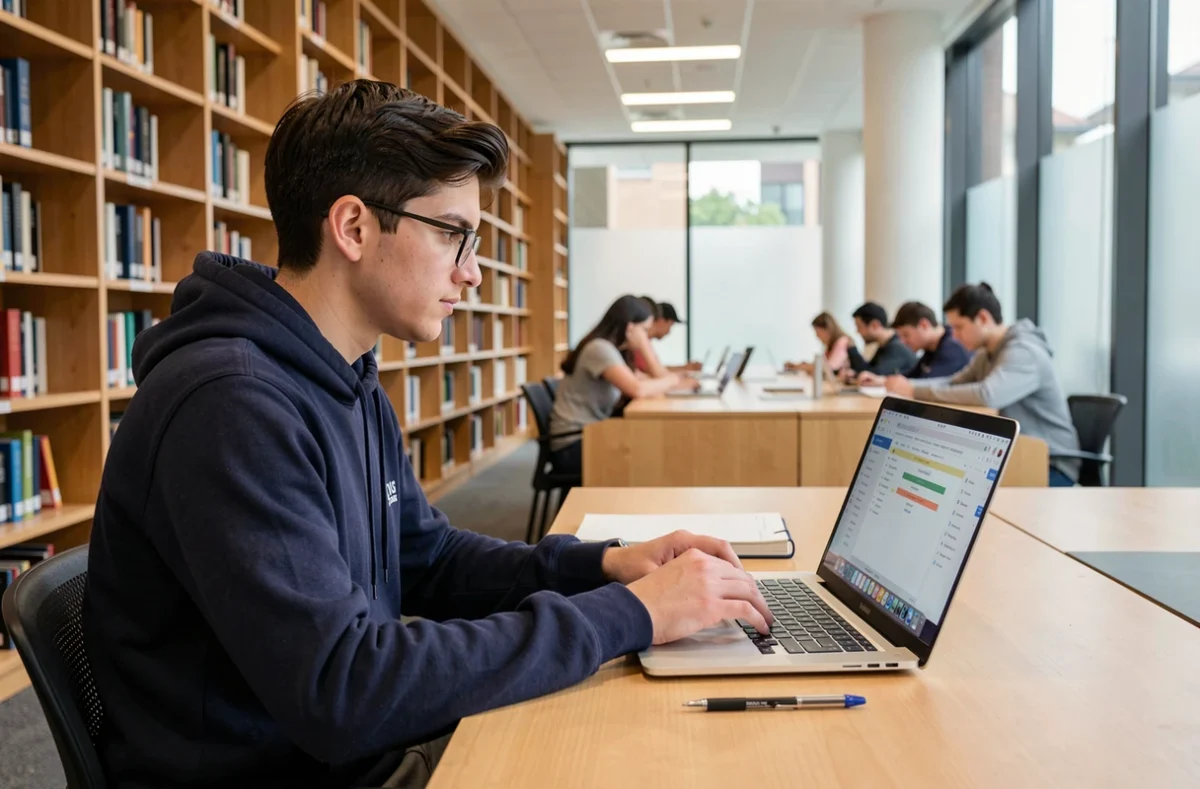Étudiant en bibliothèque universitaire utilisant l'ENT pour réviser ses partiels en ligne sur son ordinateur portable