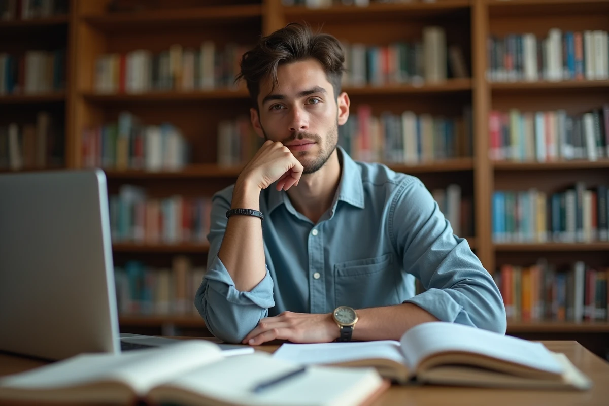 Étudiant consultant des formations bachelor après un BTS Tourisme dans une bibliothèque universitaire