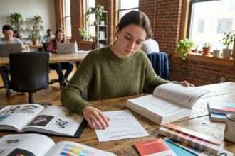 Jeune femme consultant des brochures de formation en design graphique dans un espace de coworking moderne