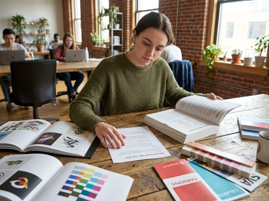Jeune femme consultant des brochures de formation en design graphique dans un espace de coworking moderne