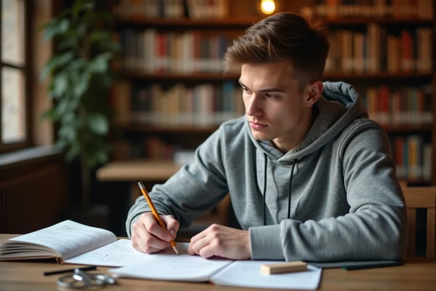 Étudiant en mathématiques révisant les formules trigonométriques cos cos sin sin sur papier quadrillé dans une bibliothèque universitaire