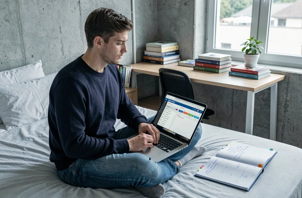 Étudiant masculin organisant ses études avec un ENT universitaire et une application de gestion de tâches dans un studio étudiant