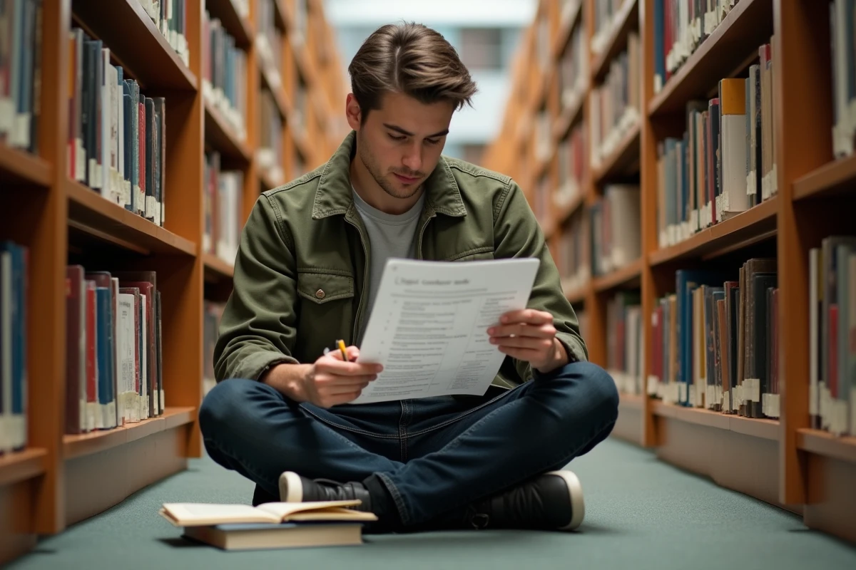 Étudiant consultant une liste de connecteurs logiques dans une bibliothèque universitaire avec un cahier ouvert sur les genoux