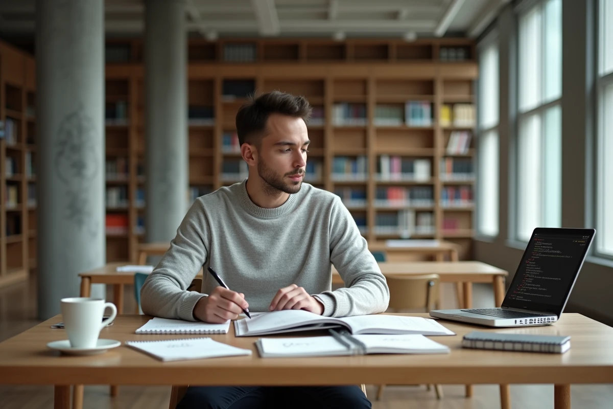 Étudiant en mathématiques financières travaillant sur des modèles quantitatifs dans une bibliothèque universitaire