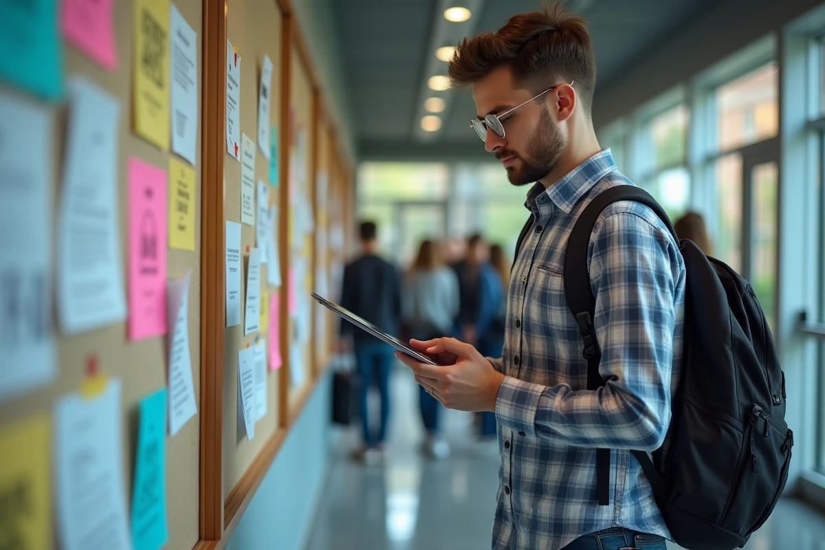 Etudiant scannant notifications sur tablette dans le couloir