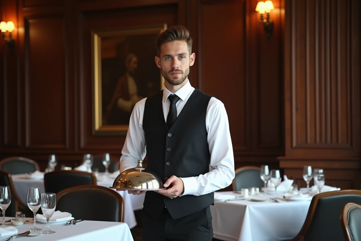 Étudiant en hôtellerie de luxe pratiquant le service en salle dans un restaurant gastronomique école