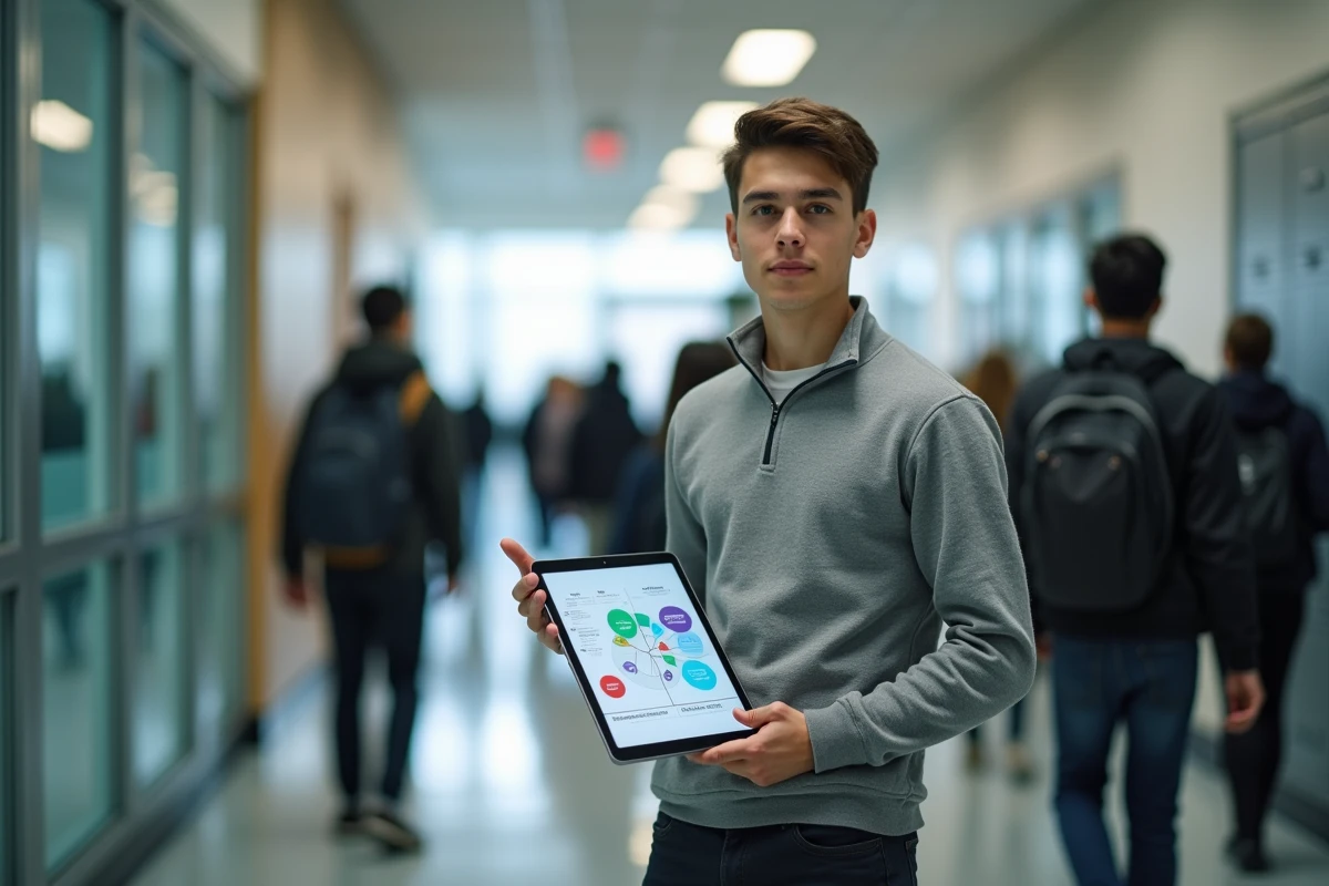Étudiant en lycée STMG tenant une tablette avec un schéma des filières professionnelles dans un couloir scolaire animé