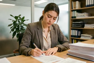Étudiante en apprentissage remplissant un formulaire administratif de CVEC dans un bureau universitaire