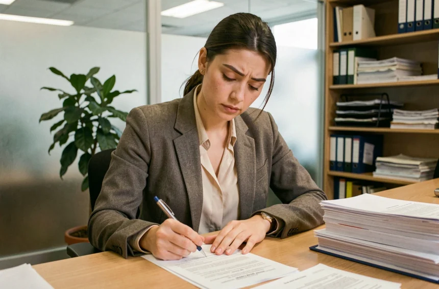 Étudiante en apprentissage remplissant un formulaire administratif de CVEC dans un bureau universitaire