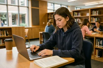 Étudiante travaillant dans une bibliothèque universitaire moderne financée par la CVEC