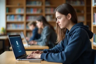 Étudiante connectée à l'ENT de l'université Artois sur un ordinateur portable dans une bibliothèque universitaire