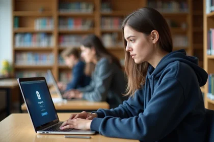 Étudiante connectée à l'ENT de l'université Artois sur un ordinateur portable dans une bibliothèque universitaire