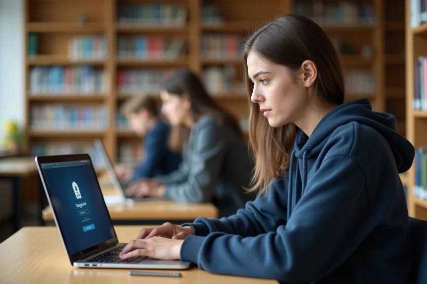 Étudiante connectée à l'ENT de l'université Artois sur un ordinateur portable dans une bibliothèque universitaire