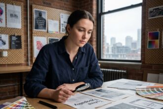 Étudiante en design graphique analysant ses maquettes imprimées dans un studio créatif moderne
