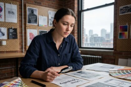 Étudiante en design graphique analysant ses maquettes imprimées dans un studio créatif moderne