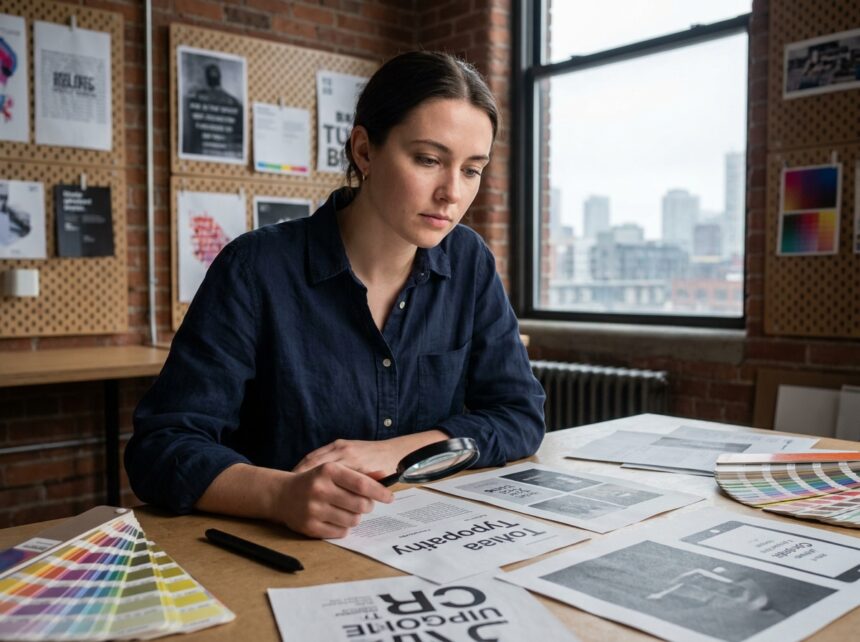Étudiante en design graphique analysant ses maquettes imprimées dans un studio créatif moderne