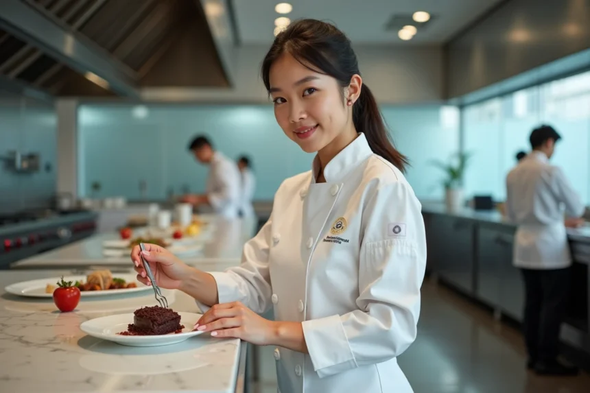Étudiante en école hôtelière réalisant un dressage gastronomique en cuisine professionnelle