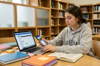 Étudiante comparant l'ENT universitaire sur ordinateur portable et une application de calendrier sur smartphone dans une bibliothèque universitaire