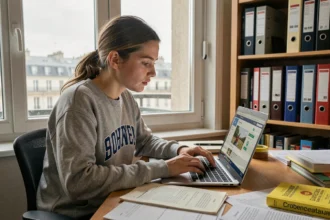 Étudiante concentrée sur l'ENT de l'université Clermont Auvergne pour préparer ses examens en ligne depuis son appartement