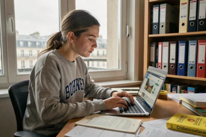 Étudiante concentrée sur l'ENT de l'université Clermont Auvergne pour préparer ses examens en ligne depuis son appartement