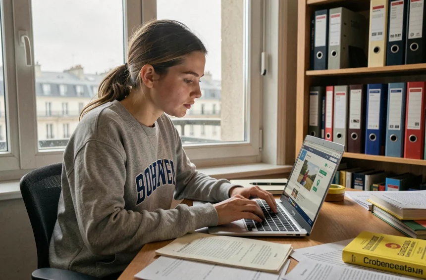Étudiante concentrée sur l'ENT de l'université Clermont Auvergne pour préparer ses examens en ligne depuis son appartement