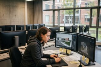 Étudiante en formation jeu vidéo travaillant sur un logiciel de modélisation 3D dans une salle informatique universitaire moderne