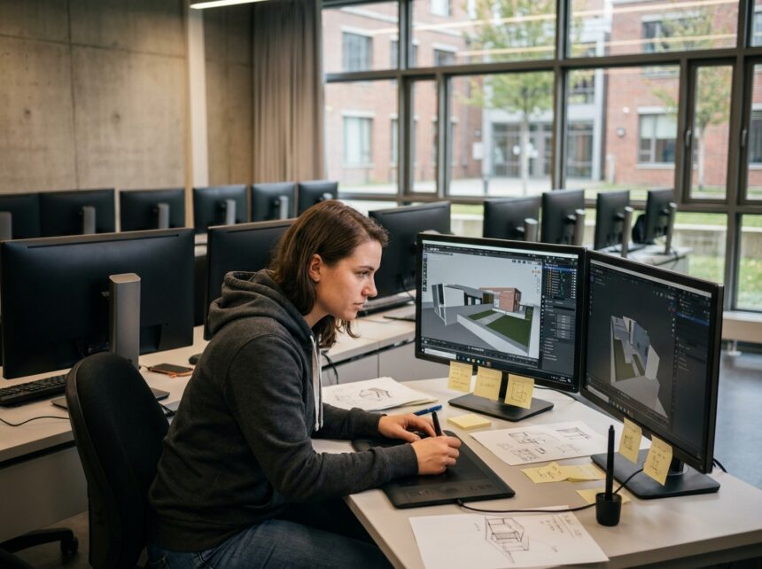 Étudiante en formation jeu vidéo travaillant sur un logiciel de modélisation 3D dans une salle informatique universitaire moderne