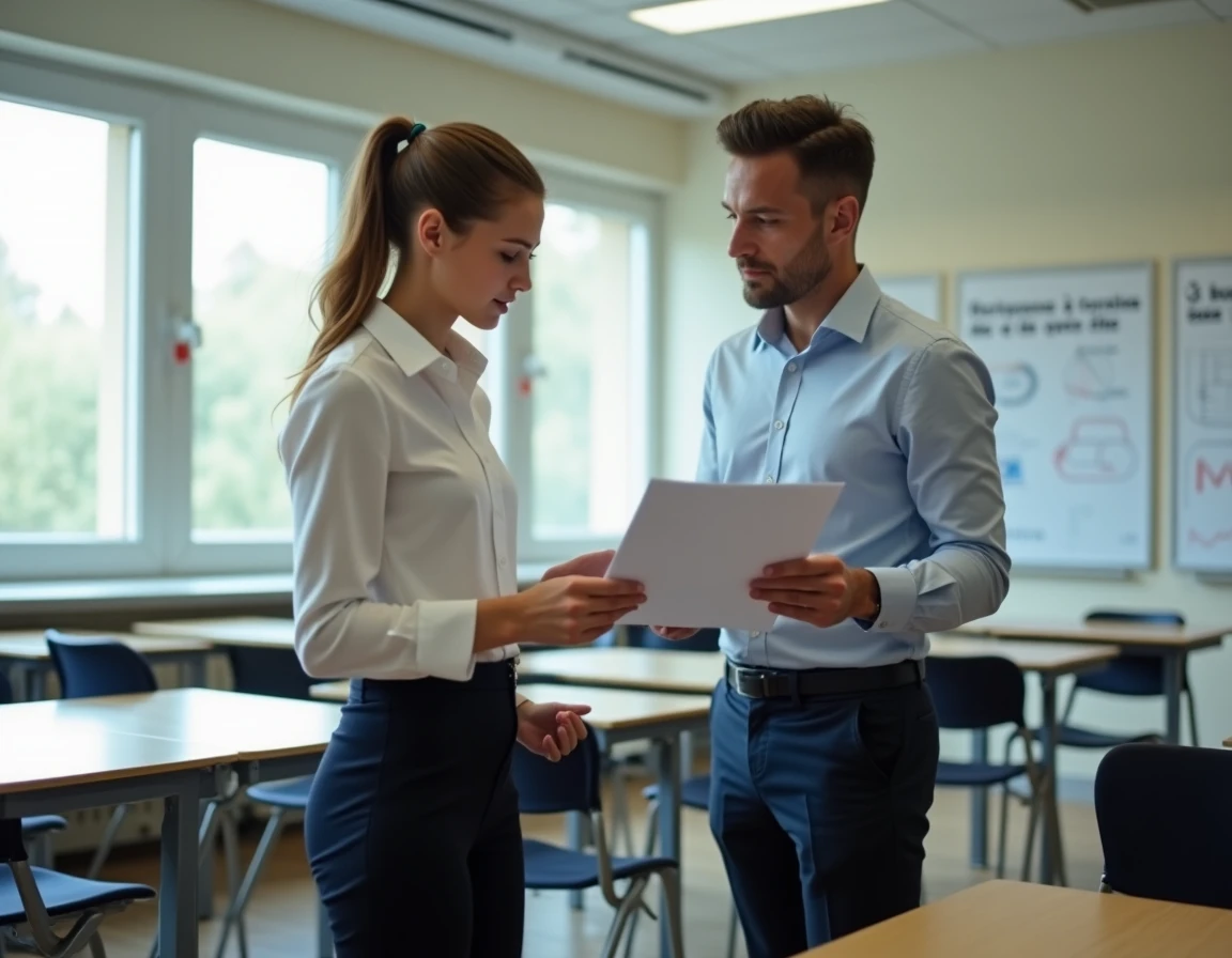 Jeune étudiante en lycée professionnel recevant les conseils d'un tuteur professionnel pour mieux préparer son entrée en entreprise