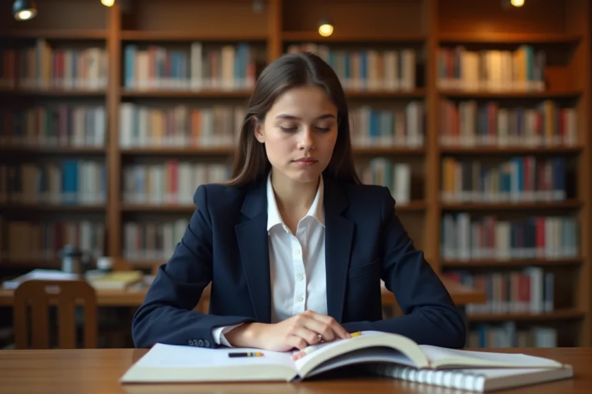 Étudiante studieuse préparant son entrée en classe préparatoire ECE dans une bibliothèque universitaire