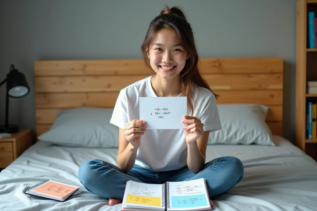 Étudiante révisant la formule cos cos sin sin avec des fiches de révision colorées dans sa chambre d'étudiante