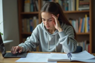 Étudiante consultant sa demande Parcoursup et sa simulation de bourse CROUS sur ordinateur portable dans sa chambre universitaire