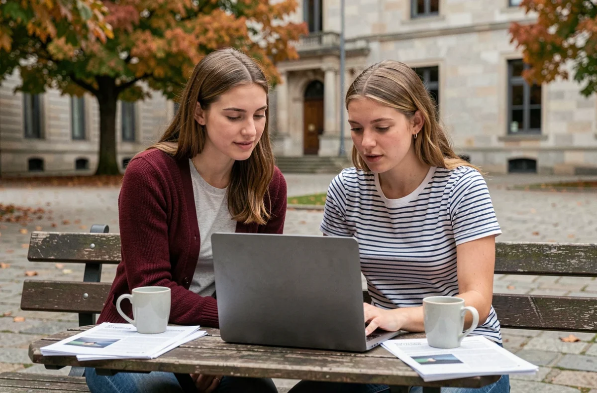 Deux étudiantes révisant ensemble en extérieur sur le campus avec l'ENT de Clermont Auvergne pour préparer leurs examens