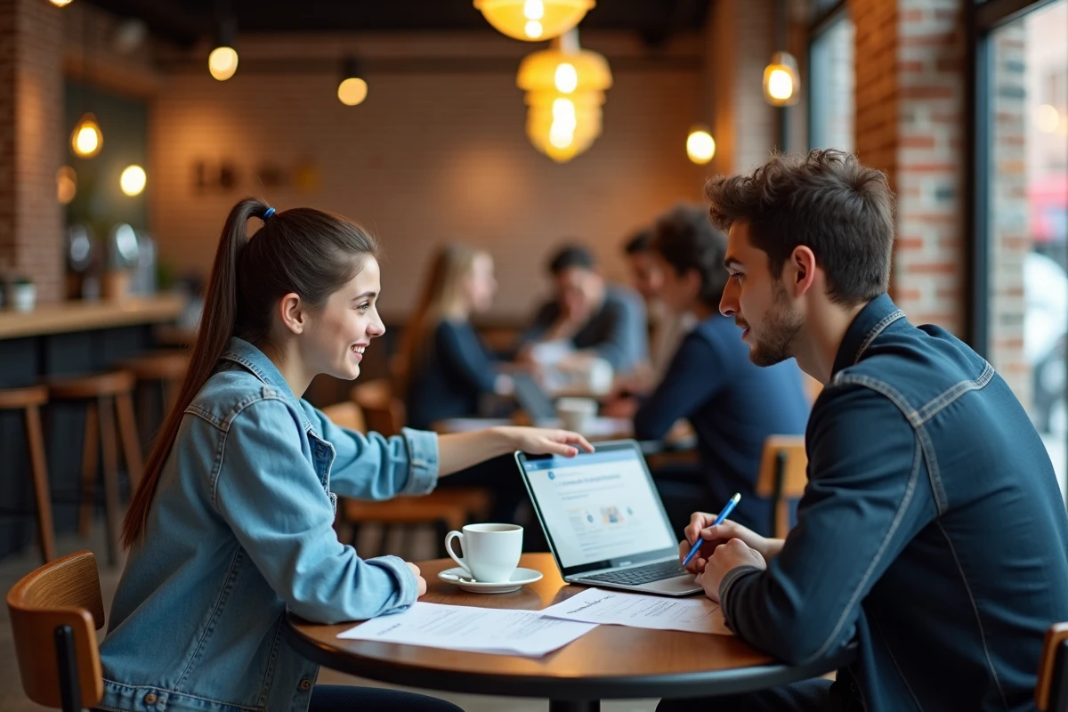Deux étudiants discutant des démarches d'inscription en prépa ECE hors Parcoursup dans un café moderne