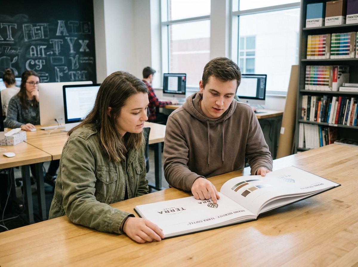 Deux étudiants en design graphique consultant ensemble un portfolio ouvert dans un laboratoire universitaire