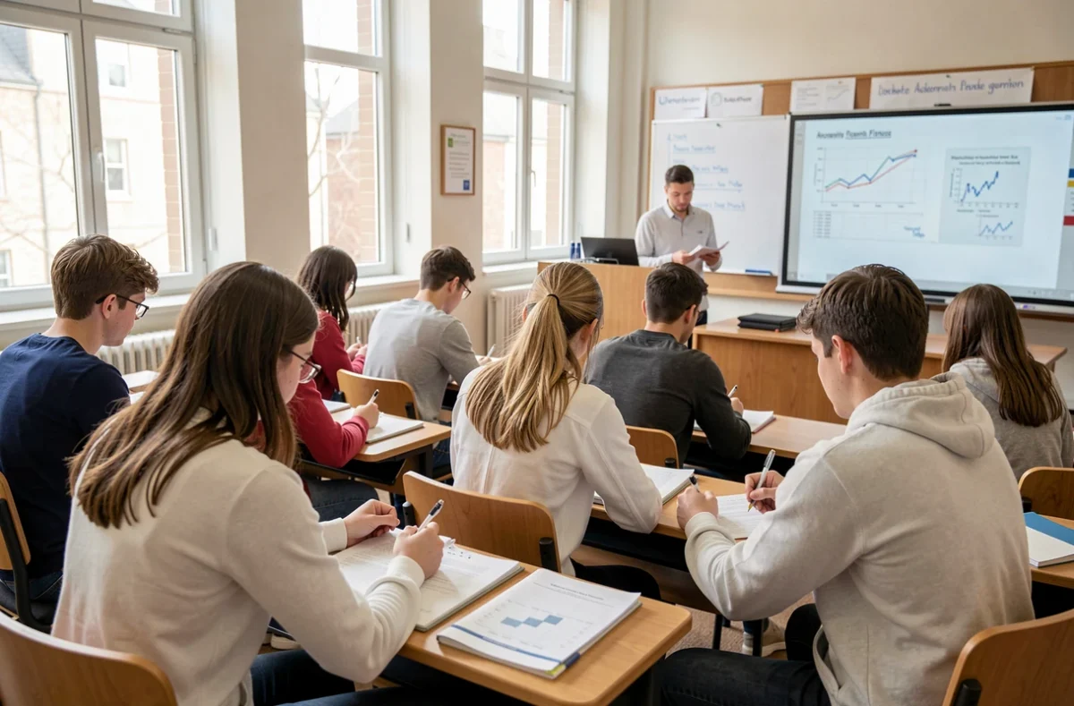 Étudiants en cours de comptabilité et de finance dans un amphithéâtre