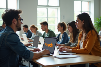 Groupe d'étudiants divers utilisant des ordinateurs pour apprendre en ligne avec Moodle