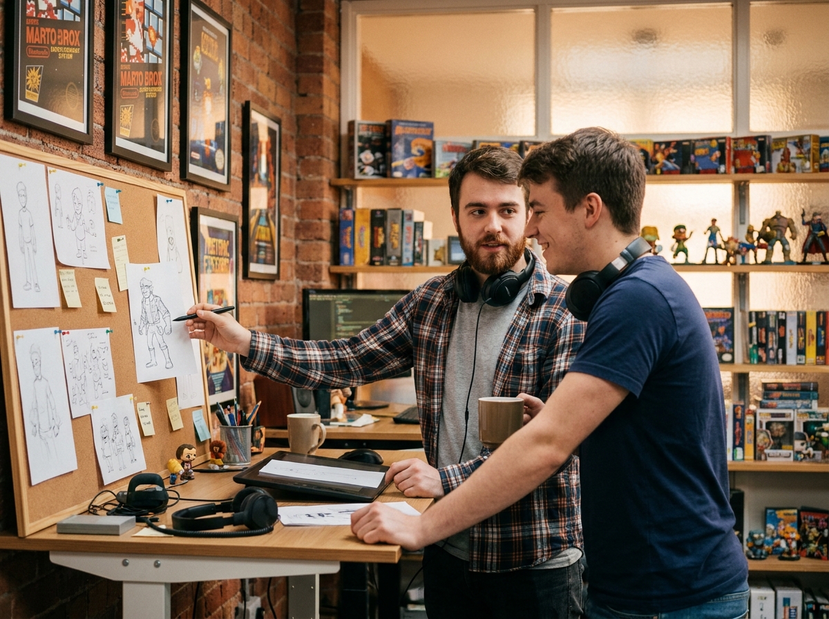 Deux étudiants en game design collaborant sur des illustrations de personnages dans un studio de jeux vidéo indépendant