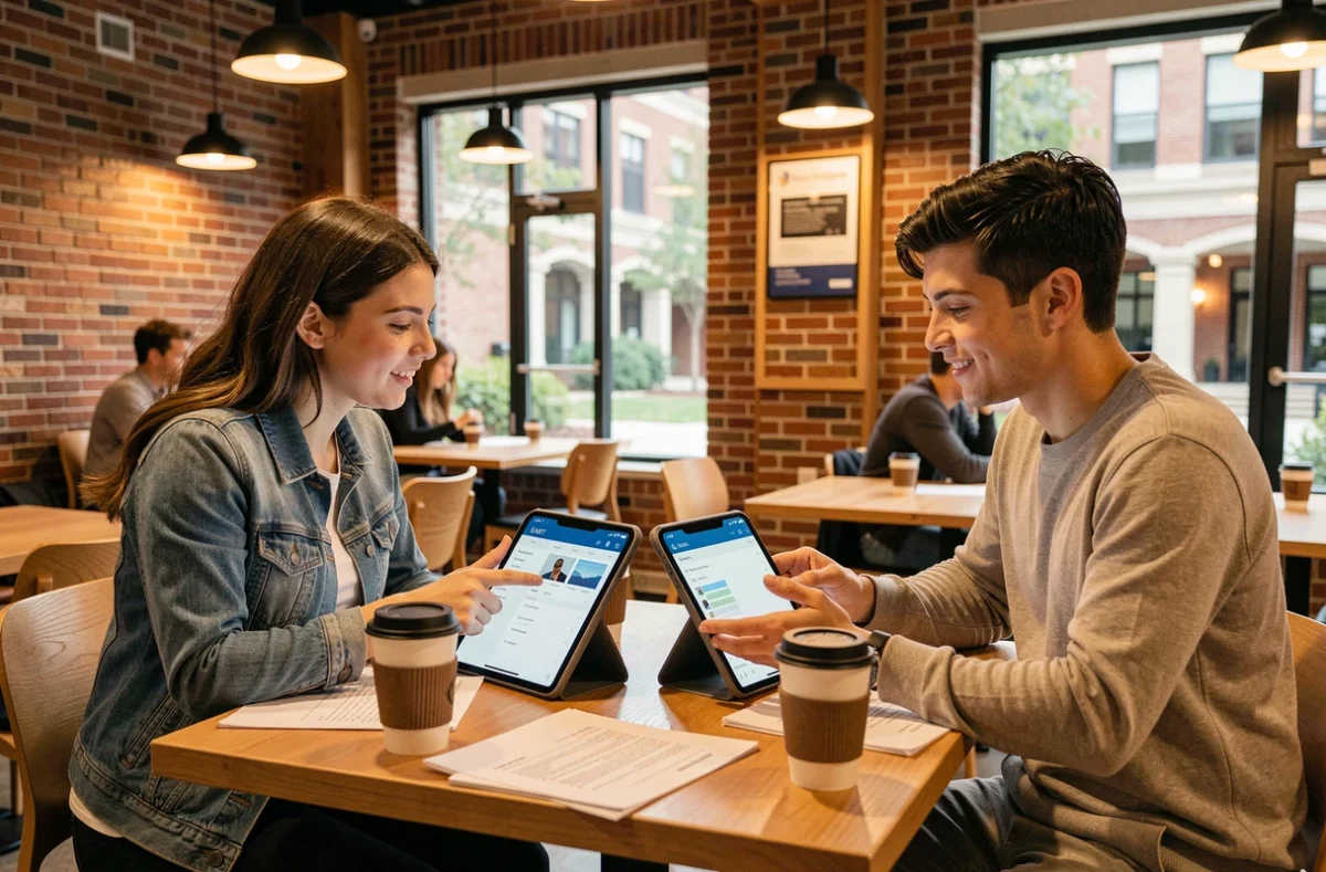 Deux étudiants discutant de la centralisation de leur organisation académique via ENT et applications mobiles dans un café universitaire