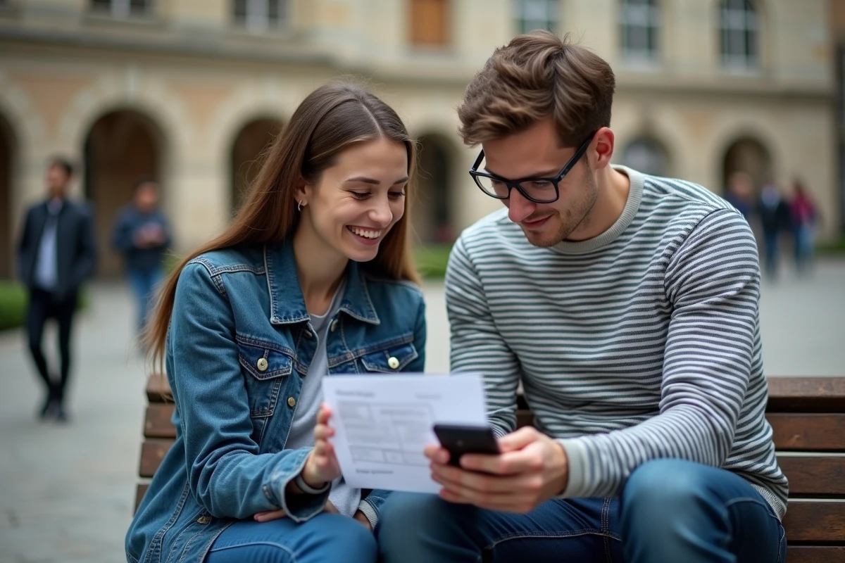 Deux étudiants consultant ensemble une simulation de bourse CROUS sur smartphone avant de finaliser leur dossier Parcoursup