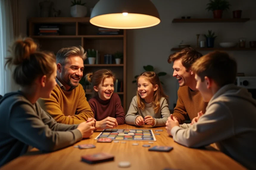Famille jouant à un jeu de société autour d'une table en bois, parents et adolescents riant ensemble lors d'une soirée jeux