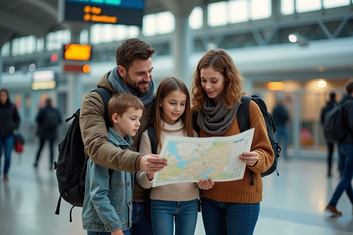 Famille regardant une carte dans une gare urbaine