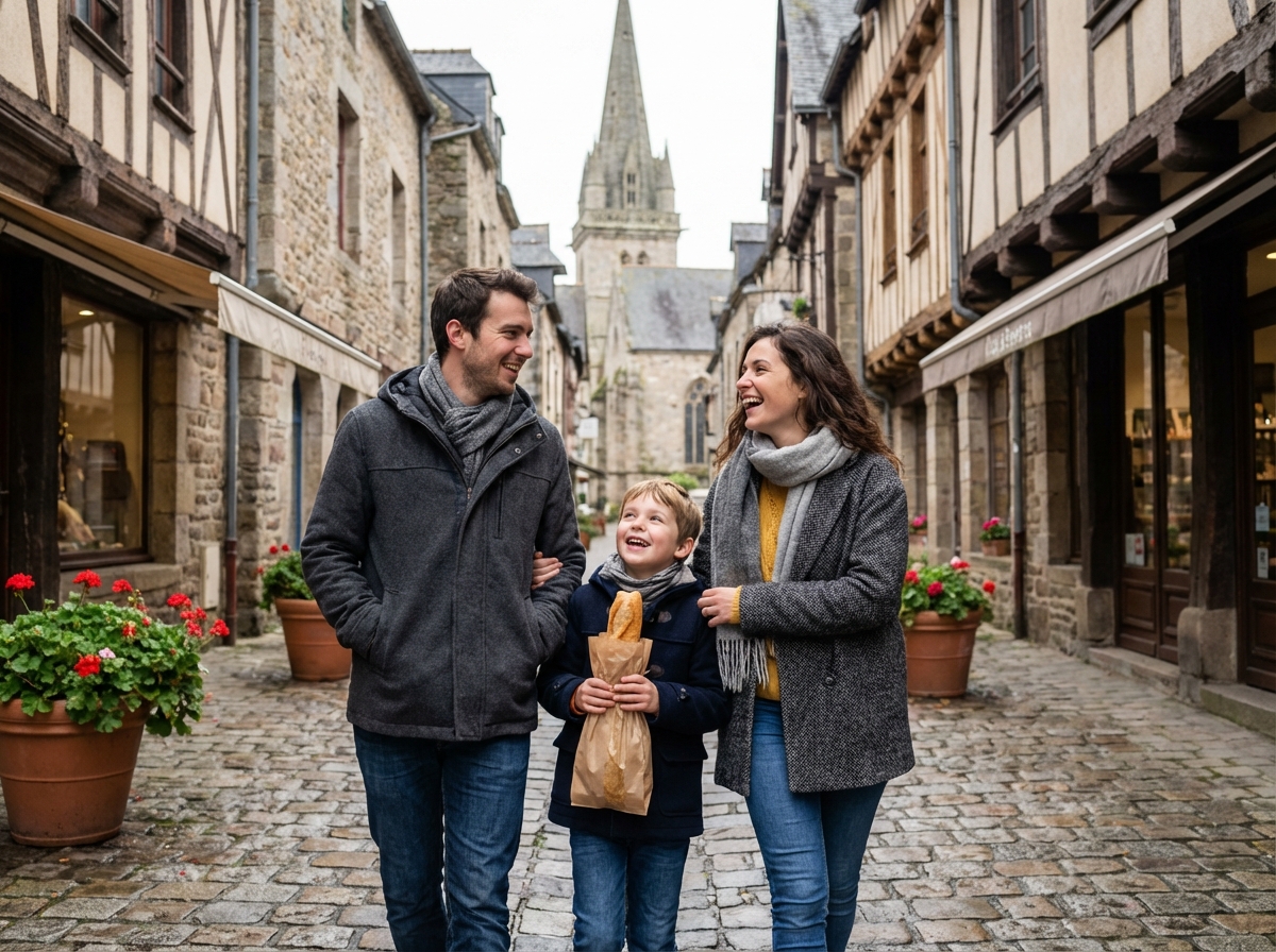Famille se promenant dans une rue bretonne pittoresque